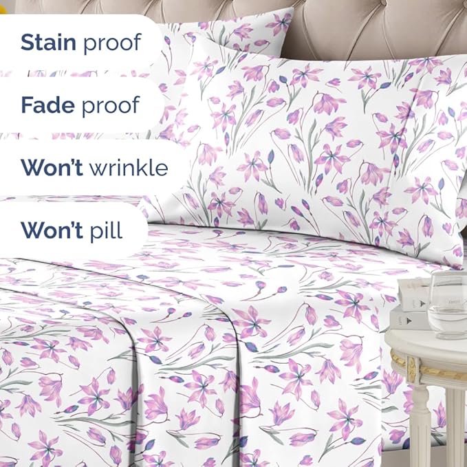 Floral Sheets - Pink Floral Bed Sheet Set - 1 Flat & 1 Fitted & 2 Pillowcases w/ Deep Pockets - Comfy, Wrinkle & Fade Free - Boho Botanical Bedding - Ultra-Soft, Breathable & Cooling - King Size Set