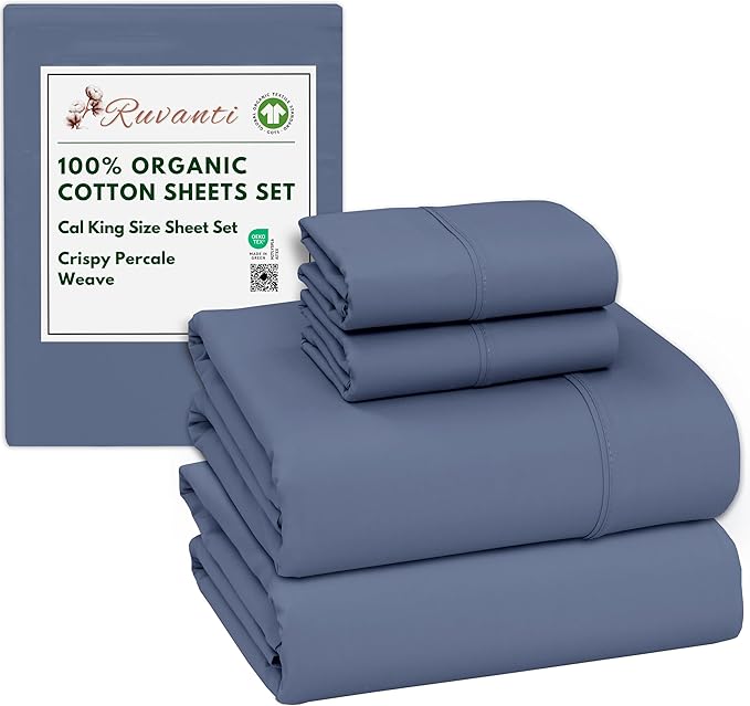RUVANTI 100% Organic Cotton Sheets California King, Percale Weave, GOTS Certified, 4-Piece Set, Deep Pocket 13", Crisp & Breathable, Soft Durable Bedding, Sábanas Algodón Orgánico – Wild Wind