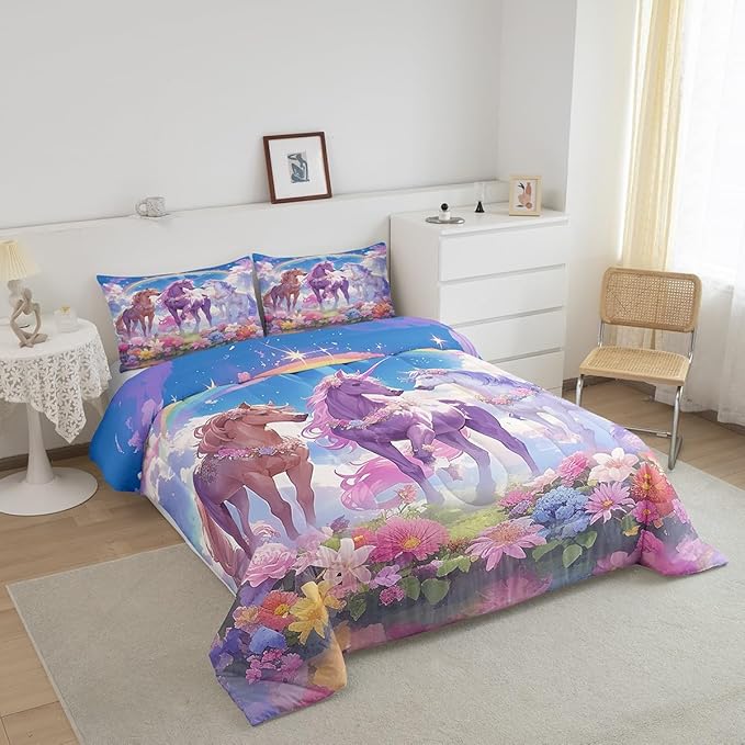 Castle Fairy Dreamy Unicorn Full Size Comforter Set,Rainbow Blue Sky Colorful Flowers Reversible Bedding Comforters Bedroom Collection,Cartoon Animal Floral Galaxy Bedding Set for Girls Teens