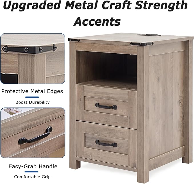 Farmhouse Night Stand Set of 2, Rustic Sierra Nightstand for Bedroom, End Tables with Charging Station, Bedside Table with Drawers, Wood Bedside Cabinet Dresser