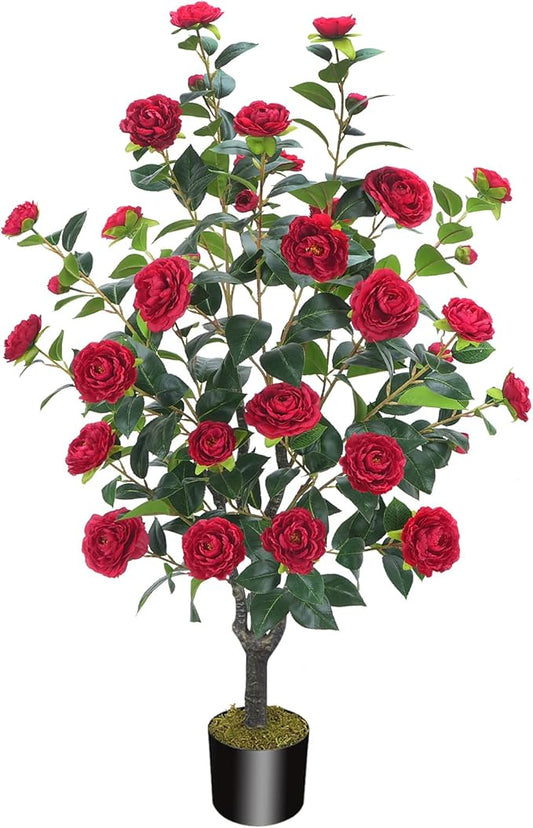 3.6FT Artificial Camellia Fake Tree, Artificial Plants & Flowers with 32 Red Flowers for Door Front Decoration Porch Patio Living Room Office Indoor Outdoor Decoration (Contains Dried Moss)