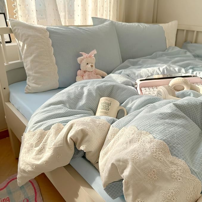 LifeTB Blue Gingham Duvet Cover Full 3 Pieces Blue Plaid Comforter Cover with Chic White Lace Soft Microfiber Checkered Grid Duvet Cover with 2 Pillowcases Breathable Gingham Plaid Bedding Set