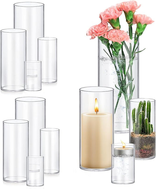 8 Pack Glass Cylinder Vases 4,6,8,10 Inch Tall Clear Flower Vase Hurricane Floating Candle Holder for Table Centerpiece Wedding Home Decor
