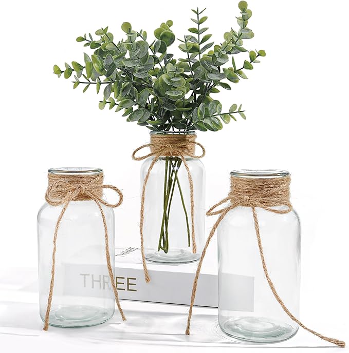 Vintage Glass Vases for Flowers, Set of 3 Clear Vases for Farmhouse Wedding Centerpiece Cylinder Bottle for Reception Table Decoration Home Decor Floral Arrangements