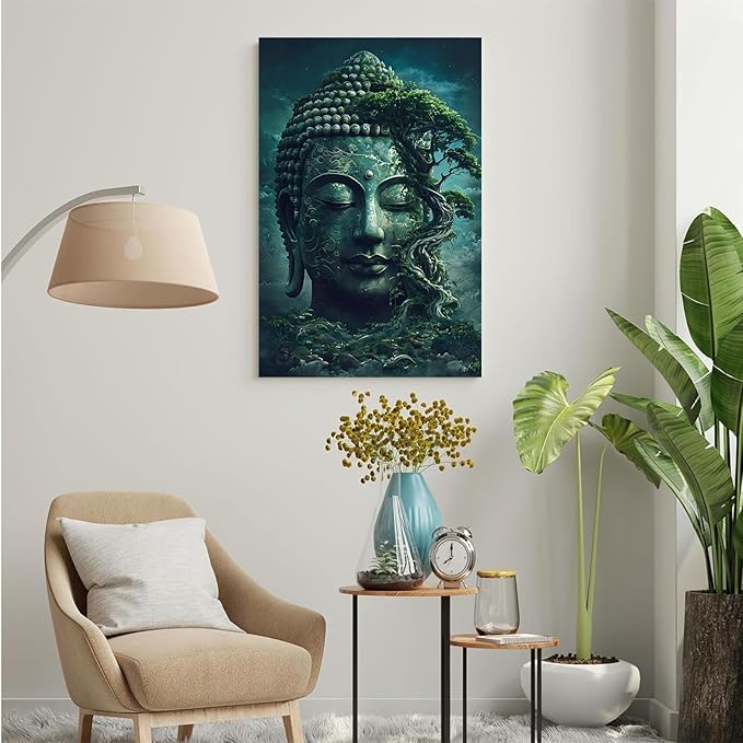 Buddha statue wall art canvas wall decor aesthetic picture mystical nature art for tranquil home and spiritual space 16x24in Wood Framed