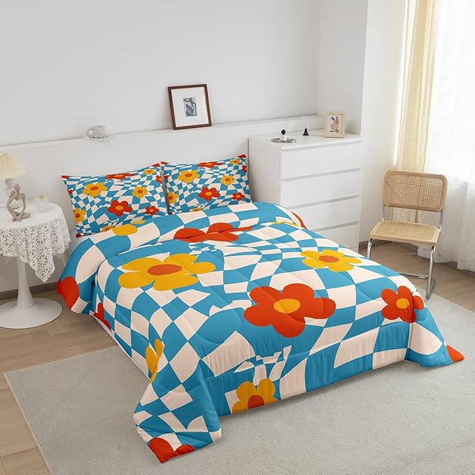 Castle Fairy Kids Vintage Groovy Daisy Flowers Bedding Comforters King Size,Abstract Blue Plaid Boys Girls Comforter Set Room Decor,70s Hippie Floral Modern 3pcs Bedding Set Chic Xmas Present