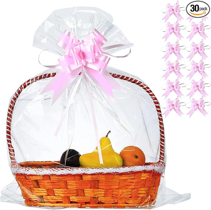 30 Packs 32 x 40 Inches Gift Wrap Cellophane Bags for Basket Extra-large Jumbo Clear Cellophane Wraps Clear Huge Cello Bags for Basket, Gift, Christmas Tree, Art and Craft, 30ct Light Pink Ribbon Bows