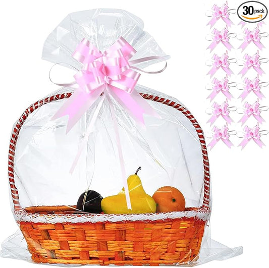 30 Packs 32 x 40 Inches Gift Wrap Cellophane Bags for Basket Extra-large Jumbo Clear Cellophane Wraps Clear Huge Cello Bags for Basket, Gift, Christmas Tree, Art and Craft, 30ct Light Pink Ribbon Bows