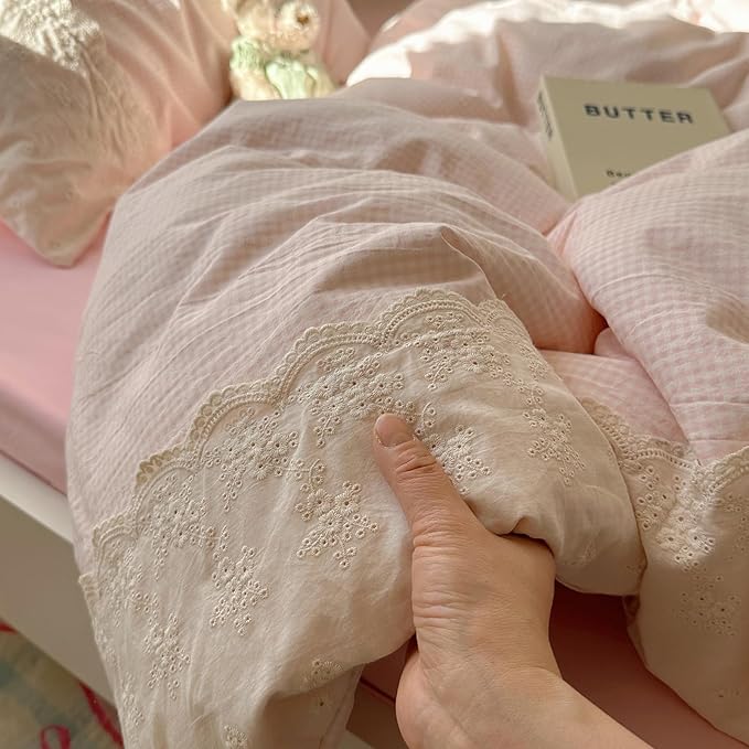 LifeTB Pink Gingham Comforter Set Full Size Soft Fluffy Romantic Lace Bedding Set Cottagecore Cute Plaid Checkered Comforter Set 3 Pieces Pink Grid Farmhouse Bedding Comforter with 2 Pillowcases