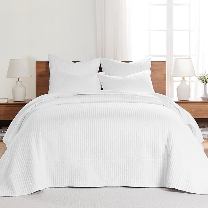 Levtex Home Cross Stitch Reversible Queen Bedspread Set (104x106in) with 2 Pillow Shams (26x20in) - Stitch Texture - Bright White - Cotton Queen Size Bedspread Set - Lightweight, Soft, Pre-Washed