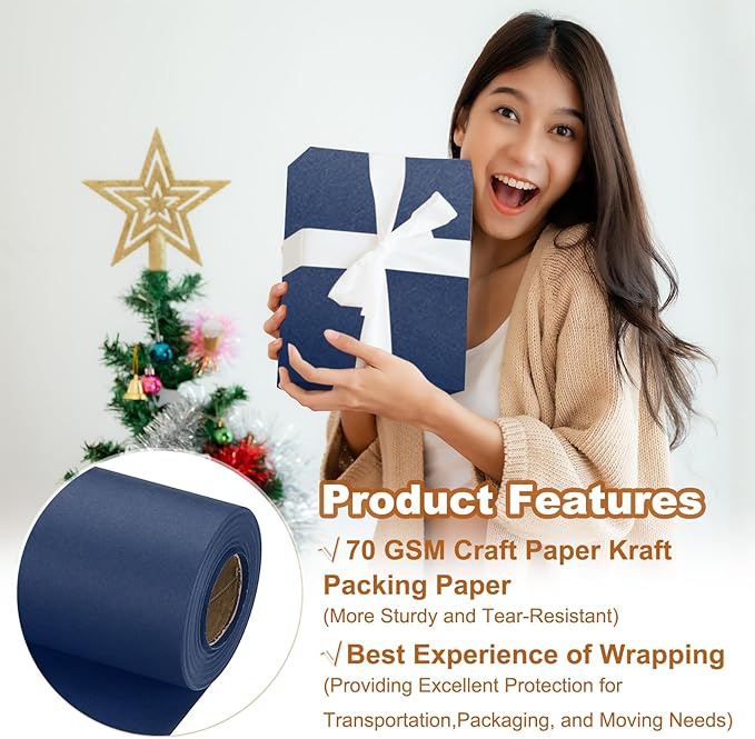 PATIKIL Wrapping Paper, 20" x 600"(49') 70 GSM Craft Paper Roll Kraft Packing Paper for Poster Bulletin Board, Gift Wrapping, Navy Blue