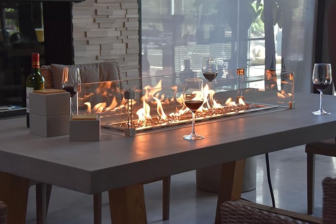 Elementi | Bundle Sonoma Gas Fire Pit Cast Concrete Rectangular Dining Fire Table, Outdoor Fire Pit Electronic Ignition | Canvas Cover, Lava Rock Included | Natural Gas