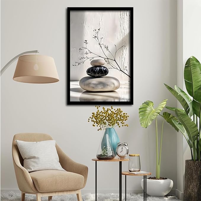 Gray and black stone pile and dried flowers poster canvas wall art in harmony Minimalist wall art for tranquil homes and mindful spaces 24x36in Metal blackFramed
