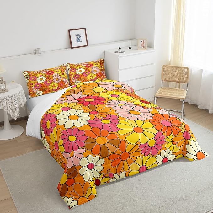 Castle Fairy Bohemian Flowers Queen Size Comforter Set,70s Floral Bedding Set with 2 Pillowcases,Hippie Retro Groovy Botanical Breathable Durable Polyester Bedding Set