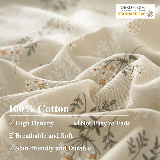 EAVD Boho Floral Duvet Cover King Beige 100% Cotton Chic Shabby Garden Floral Pattern Aesthetic Bedding Set with 2 Pillowcases Reversible Green Floral Botanical Duvet Cover with Zipper Closure