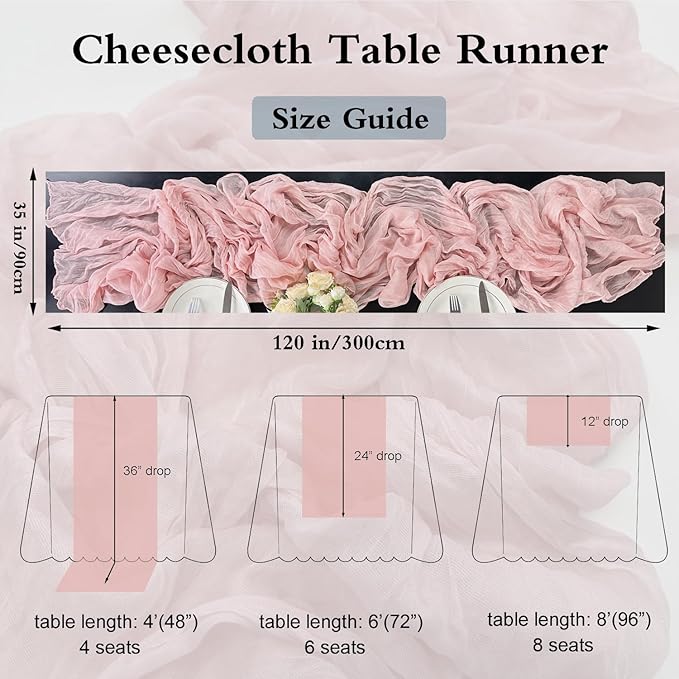 Booque Valley 3 Pack Dusty Pink Cheesecloth Table Runner 10ft Super Soft Boho Wrinkled Gauze Sheer Cloth for Baby Shower Baptism Birthday Party Wedding Centerpiece Table Decoration, 35x120 Inch