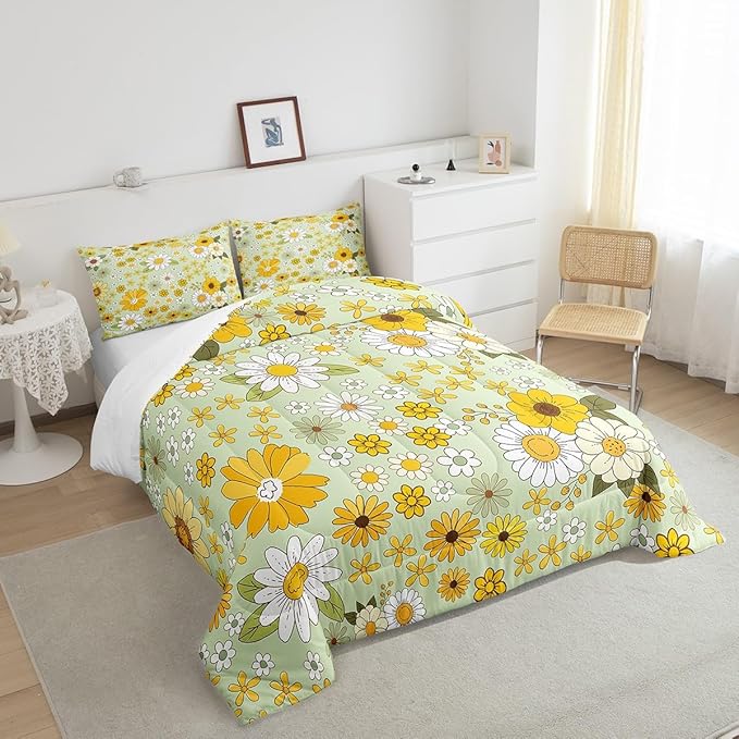 Vintage Floral Queen Size Comforter Set,Boho Spring Fresh Flowers Down Comforter Adults Bedroom Decor,Trippy Hippie Groovy Botanical Ultra Soft Microfiber Inner Fill 3Pcs Bedding
