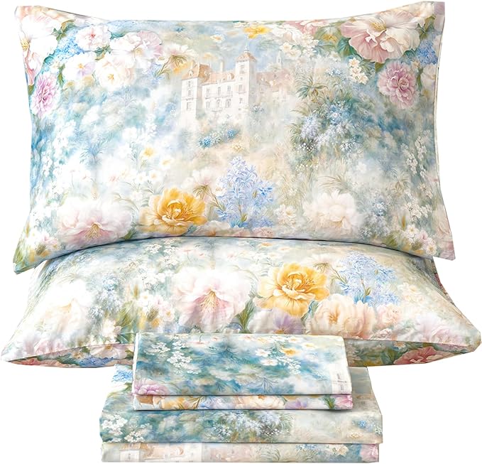 Zusbest California King Sheets Luxury Floral Bed Sheet Set 100% Cotton, Satin Weave Soft Breathable for Hot Sleepers Romantic Peony Flowery Printed Cottagecore Bedding Deep Pocket 17.5‘’, 4Pcs