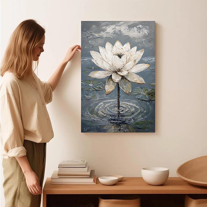 Stunning white lotus emerges from prismatic water with delicate petals background Serene aquatic wall art suitable for modern minimalist decor 8x12in Frameless