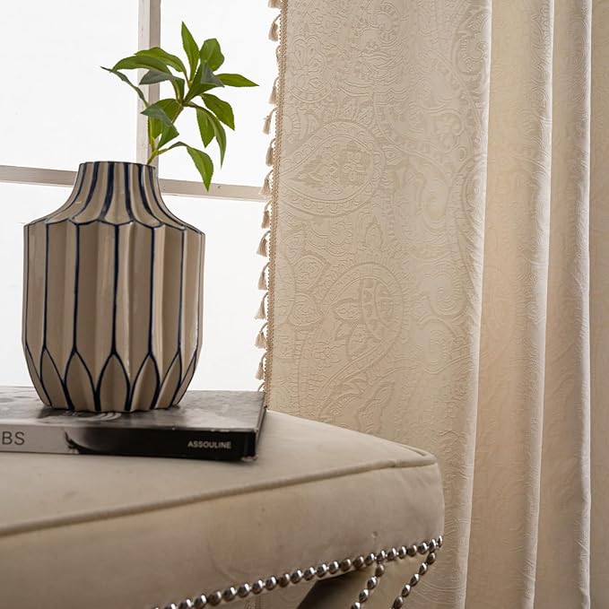 ENJOYBRIDAL Paisley 84 Inch Curtains for Bedroom Living Room Drapes Jacquard Semi Sheer Off White Floor Length Window Curtains 2 Panels Set Rod Pocket Boho Farmhouse Floral Cream Window Treatments