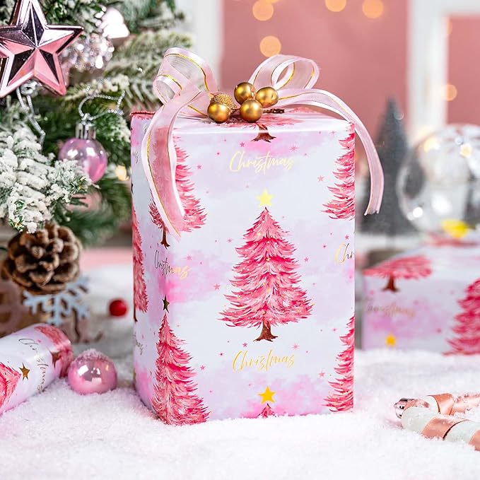 MAYPLUSS Christmas Wrapping Paper Roll - 17IN X 33FT - Pink Gift Wrapping Paper Featuring Christmas Tree Little Star Reversible Cut Lines for Kids, Holiday, New Year