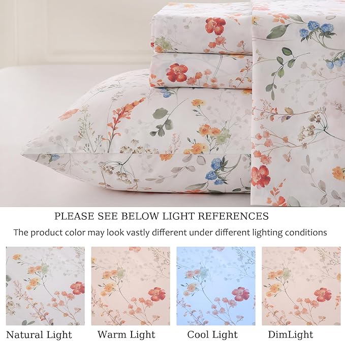 Zusbest Queen Sheet Set Floral Patterned 100% Percale Cotton Orange Blue Flower Sheets Set Green Botanical Printed on White Deep Pocket Fitted Sheets, Crisp Soft Breathable for Hot Sleepers, 4 Pcs