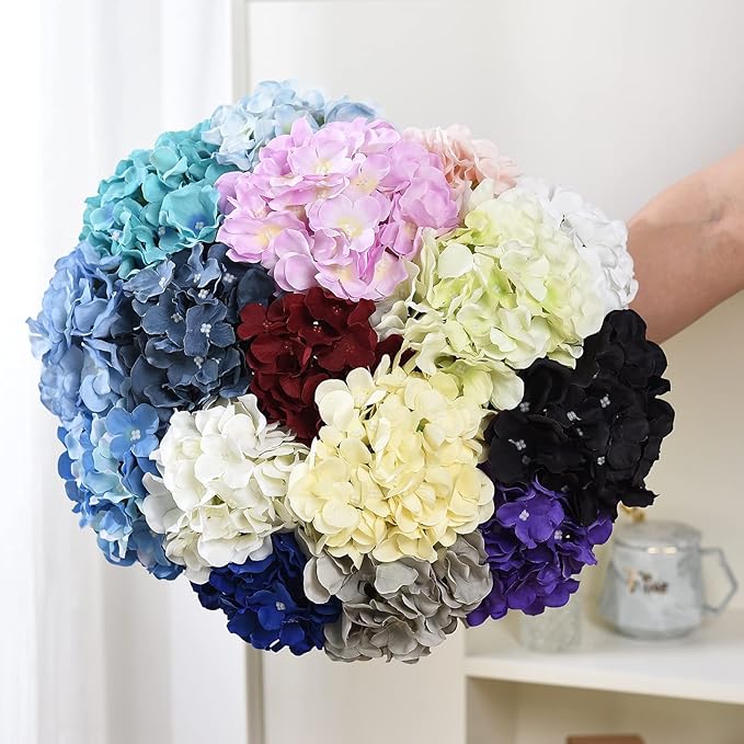 10PCS Artificial Hydrangea Flowers, Fake Hydrangea Silk Flowers Heads with Stems for Wedding Home Party Shop Baby Shower Decoration-Lake Blue