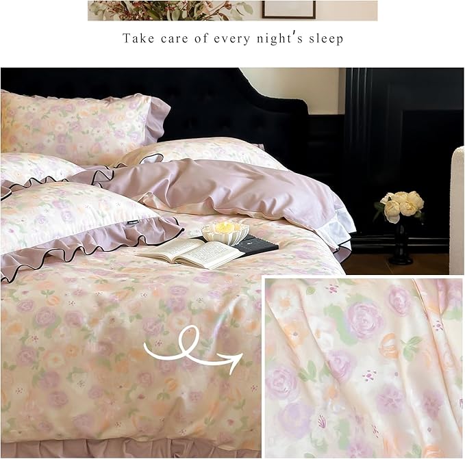 HighBuy Ruffle Duvet Cover Full Size,Farmhouse Purple Floral Brushed Cotton Durable Bedding Comforter Cover with 2 Ruffle Lace Pillowcases,Chic Cottagecore Natural French Style,Full