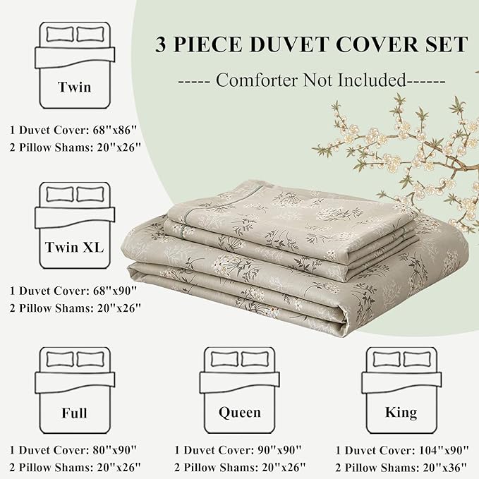 LifeTB Garden Style Floral Duvet Cover Queen Soft Cotton Boho Floral Bedding Sets Chic Shabby Botanical Queen Duvet Cover Girl Women Vintage Floral Comforter Cover with Zipper Closure 4 Ties