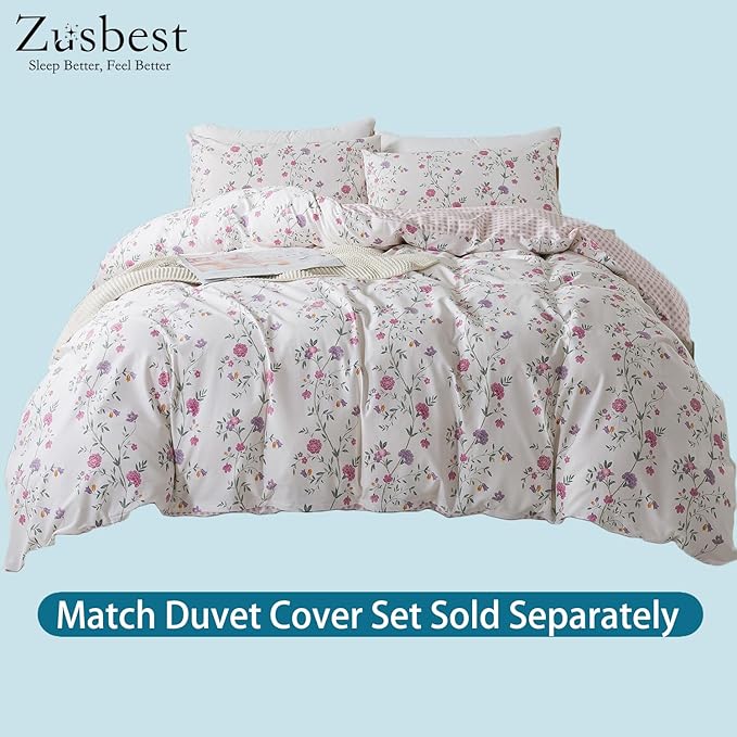 Zusbest- Queen Sheets, Soft 100% Cotton Pink & Off White Floral Bed Sheets,Shabby Vintage Chic Purple Flower Printed Sheets,Breathable Home Decor, Garden Style 4 Piece Deep Pocket Sheets（Rosy）