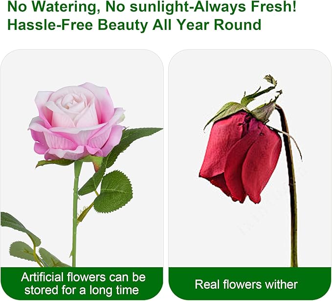 Uqueeten Fake Plants Roses Flowers Plastic Flowers Party Decoration for Home Gifts for Gf Roses Artificial Flowers for Vase Fake Plants Home Decor 19.6"(Deep Pink 50PCS)