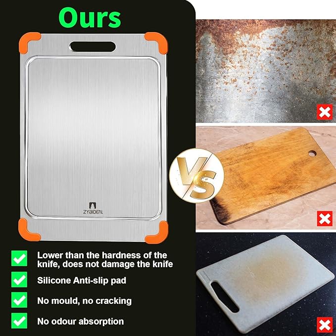 100% Pure Titanium Cutting Board with Grooves, Update Double Side Titanium Chopping Board, Silicone Anti-slip Stainless Cutting Boards for Kitchen 8 * 12 IN, Orange