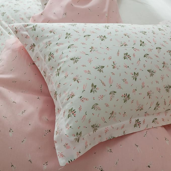 EAVD Girls Floral Duvet Cover Twin Pink White Soft Cotton Garden Aesthetic Floral Bedding Set with 2 Pillowcases Chic Shabby Vintage Botanical Comforter Cover with Zipper Closure
