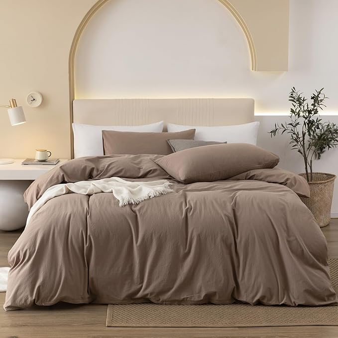 JIYUAN 100% Washed Cotton Duvet Cover Set 3 Pieces Oversized Queen, 1 Duvet Cover 98x98 Inches(Comforter Not Included) and 2 Pillowcases,Linen Feel Bedding Set Comfy and Breathable,Light Brown