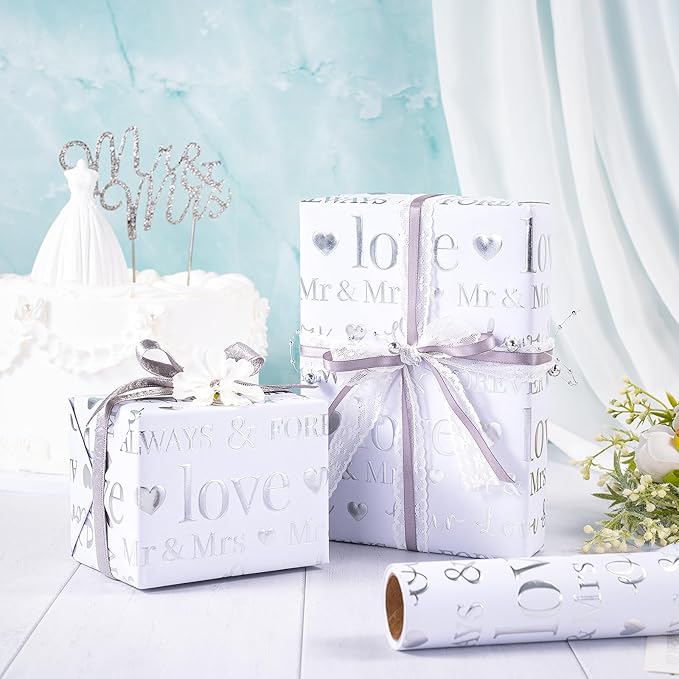RUSPEPA Wedding Wrapping Paper, Mini Roll, Silvery Gold Foil LOVE Design, Perfect for Wedding, Bridal Shower, Anniversary, Engagement, 17 Inches x 16.5 Feet