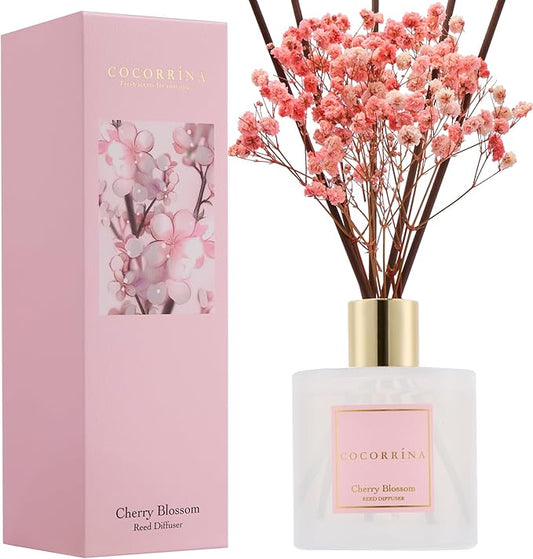 COCORRÍNA Reed Diffuser - Cherry Blossom 6.7 Fl.oz Reed Diffuser Set with Sticks & Preserved Baby's Breath, Reed Diffuser for Home Bathroom Shelf Decor