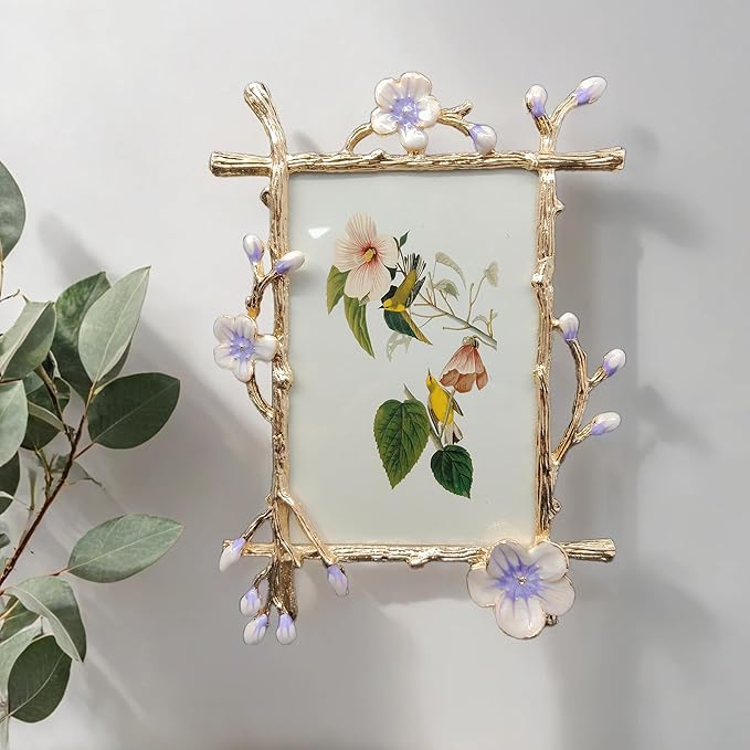 Vintage Purple Picture Frame with Enamel Finis Glass Front - Ornate Antique Metal Flowers 5X7 Photo Frame Tabletop/Wall Display Gifts for Women