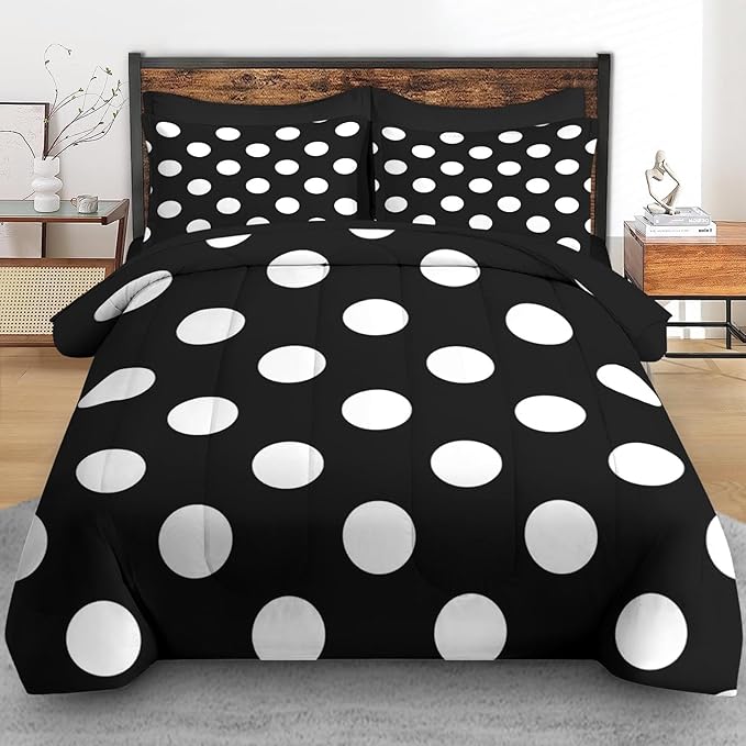 Comforter Set Full Size, Polka Dot Retro White Black 7 Pcs Bedding for Kids and Adults, Geometric Plaid Modern Bed Sheet Sets with Fitted Sheet 2 Pillowcase & 2 Sham for Bedroom Bed Decor