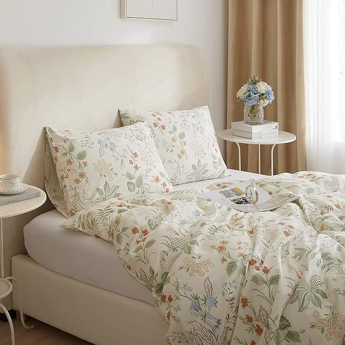 LifeTB Vintage Garden Floral Comforter Set Queen Fresh Flowers Green Leaves Cute Floral Bedding Comforter Farmhouse Bedding Set 3 Pieces Aesthetic Botanical Comforter Set for All Seasons Queen Size