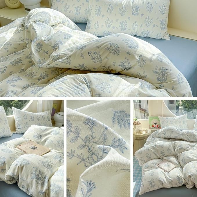 LifeTB Muslin Duvet Cover Set Twin XL Vintage Botanical Floral Duvet Cover 100% Cotton Linen Feel Flower Bedding Set Soft Gauze Comforter Cover Breathable Lightweight Cottagecore Bedding Set