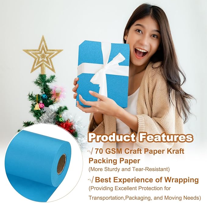 PATIKIL Wrapping Paper, 15" x 800"(66') 70 GSM Craft Paper Roll Kraft Packing Paper for Poster Bulletin Board, Gift Wrapping, Light Blue
