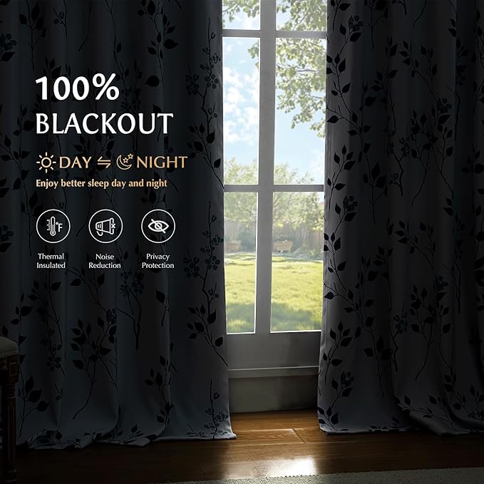 Beauoop Floral 100% Blackout Curtains 63 Inch Length 2 Panels for Bedroom Living Room Navy Blue and White Flower Patterned Room Darkening Thermal Soundproof Rod Pocket Back Tab Window Drapes, 52X63