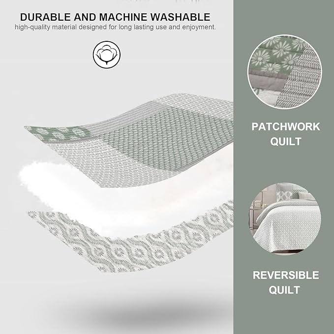PANGUSHAN Quilt Set King Size, 100% Cotton Bedspread Quilt Bedding Set, Patchwork Reversible Floral Quilt for King Bed, Greyish-Greens Bed Spread, Lightweight Comforter for All Season, 3 Pieces