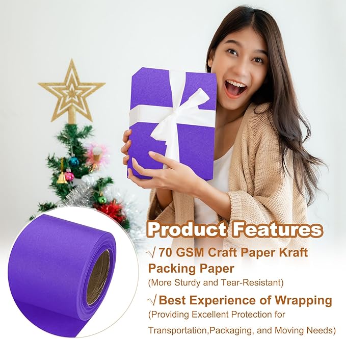 PATIKIL Wrapping Paper, 17" x 300"(25') 70 GSM Craft Paper Roll Kraft Packing Paper for Poster Bulletin Board, Gift Wrapping, Violet Blue