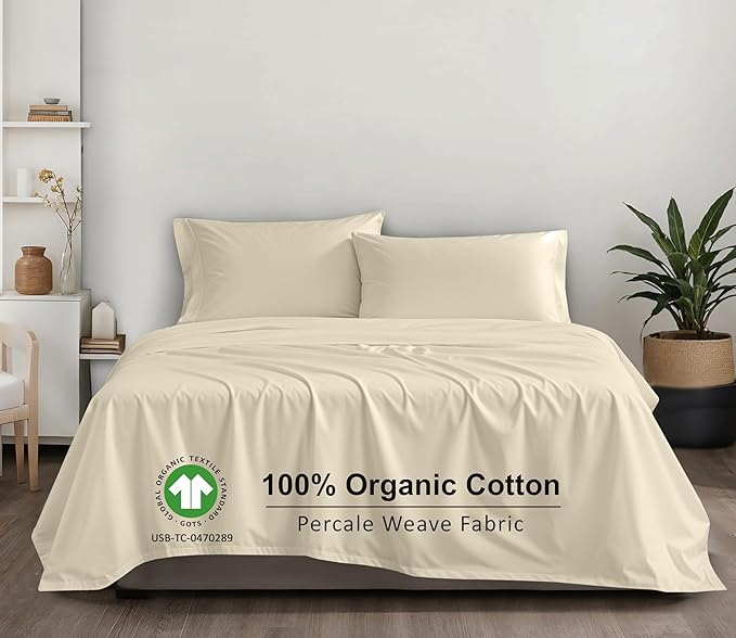 RUVANTI 100% Organic Cotton Sheets Queen Size, Percale Weave, GOTS Certified, 4-Piece Set, Deep Pocket 15", Crisp & Breathable, Soft Durable Bedding, Sábanas Algodón Orgánico – Cloud Cream