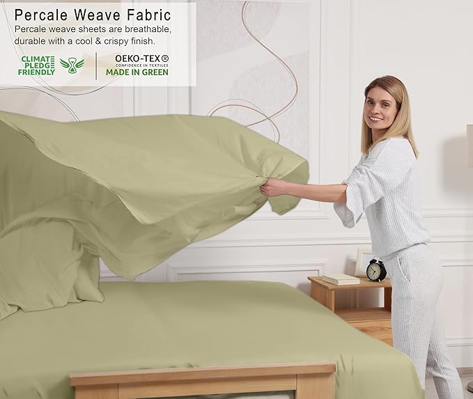 RUVANTI 100% Cotton California King Sheet Sets, 4 Pieces, Soft & Breathable Percale Weave Bedding, Deep Pocket 14", Hotel Standard, Crisp Cool Feel & Durable, Perfect Dyed Sheets, Sage Green