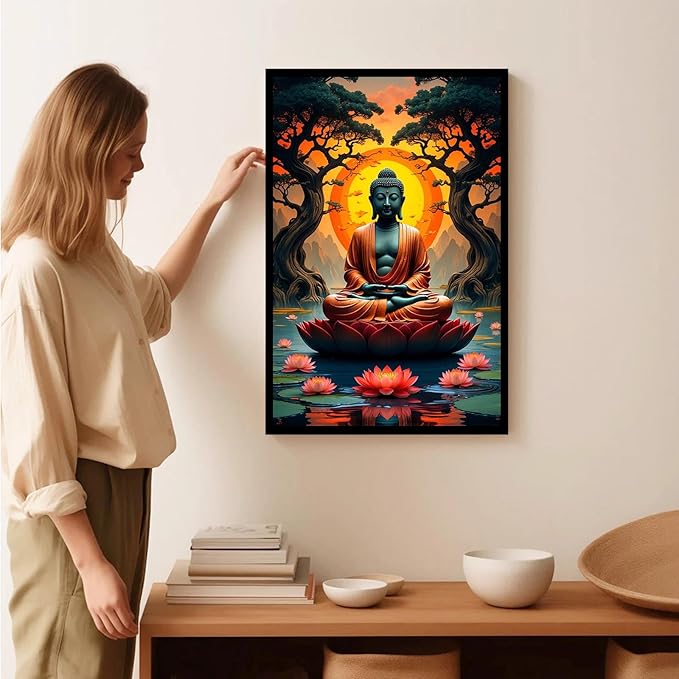 Canvas wall art Golden Buddha on lotus at sunset Ancient trees with reflections on water Serene meditation scene Uplifting wall art for mindfulness and tranquil home decor 20x30in Metal blackFramed
