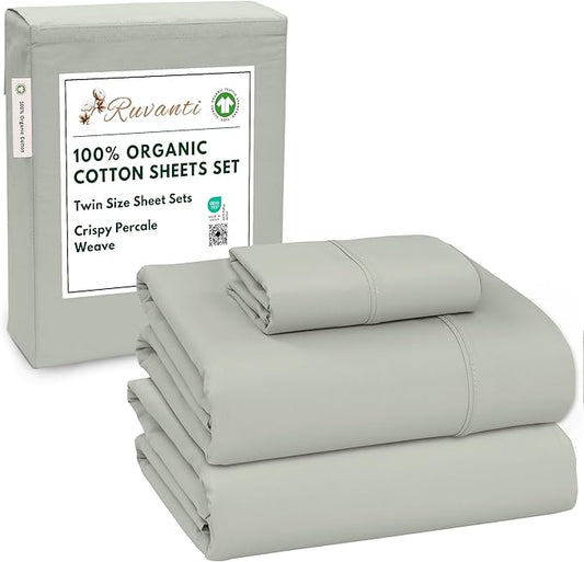RUVANTI 100% Organic Cotton Sheets Twin Size, Percale Weave, GOTS Certified, 3-Piece Set, Deep Pocket 15", Crisp & Breathable, Soft Durable Bedding, Sábanas Algodón Orgánico – Mineral Gray