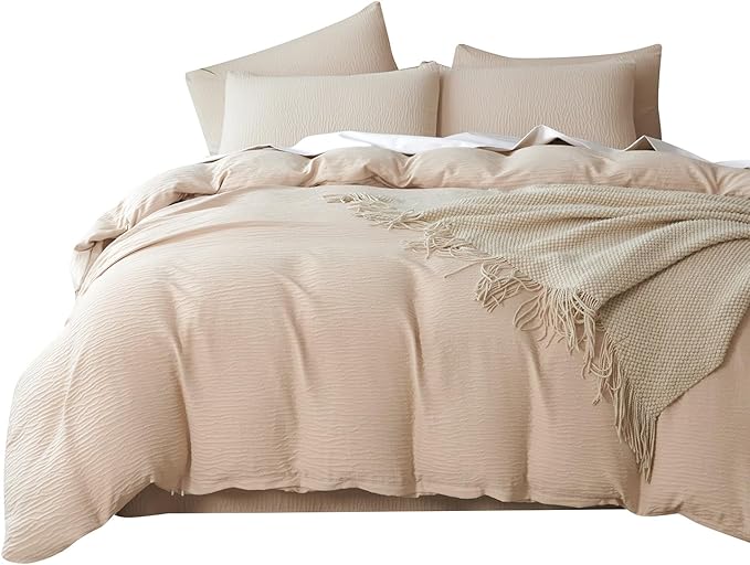 King Duvet Cover Set - 3 Piece Luxury Double-Layer Crinkle Gauze Bedding in Beige, All Season Soft Breathable Comfy Microfiber with Zipper Closure