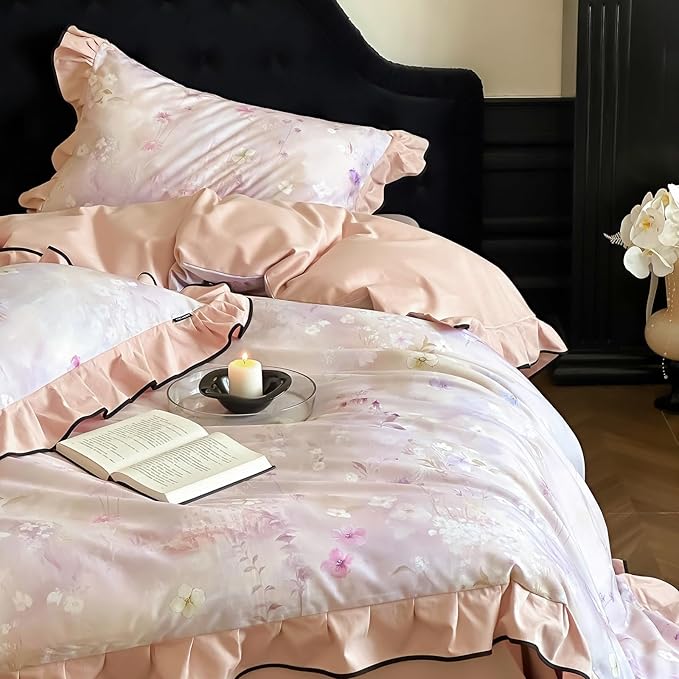 HighBuy Brushed Cotton Duvet Cover Full Ruffle Lace Floral Bedding French Style Floral Print,Vintage Duvet Cover Set Blush Flower Shabby Chic Bedding Comforter Cover Set，Soft and Breathable